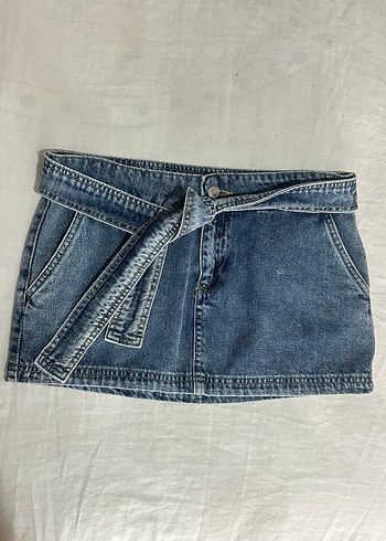 Kemerli Mavi düşük bel Mini Etek