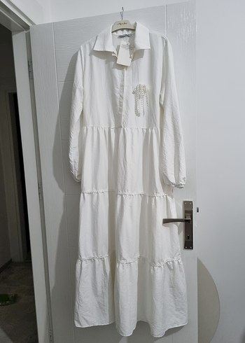 Kadın Beyaz Uzun Keten Bohem Elbise - Görsel 3