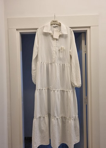 Kadın Beyaz Uzun Keten Bohem Elbise - Görsel 2