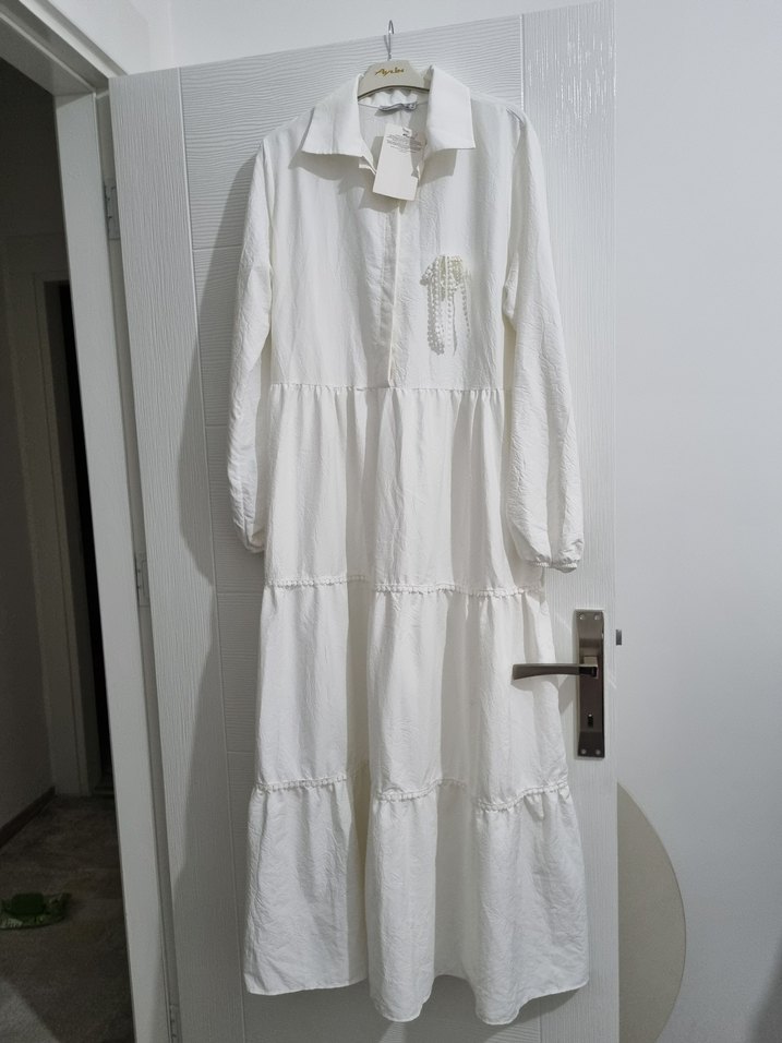 Kadın Beyaz Uzun Keten Bohem Elbise - Görsel 3