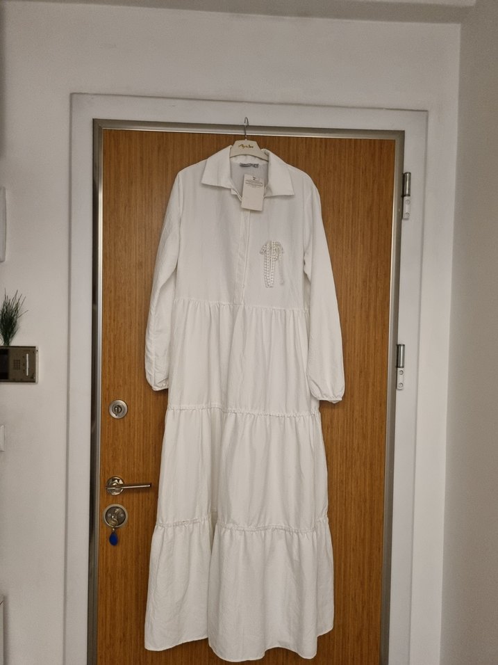 Kadın Beyaz Uzun Keten Bohem Elbise - Görsel 5