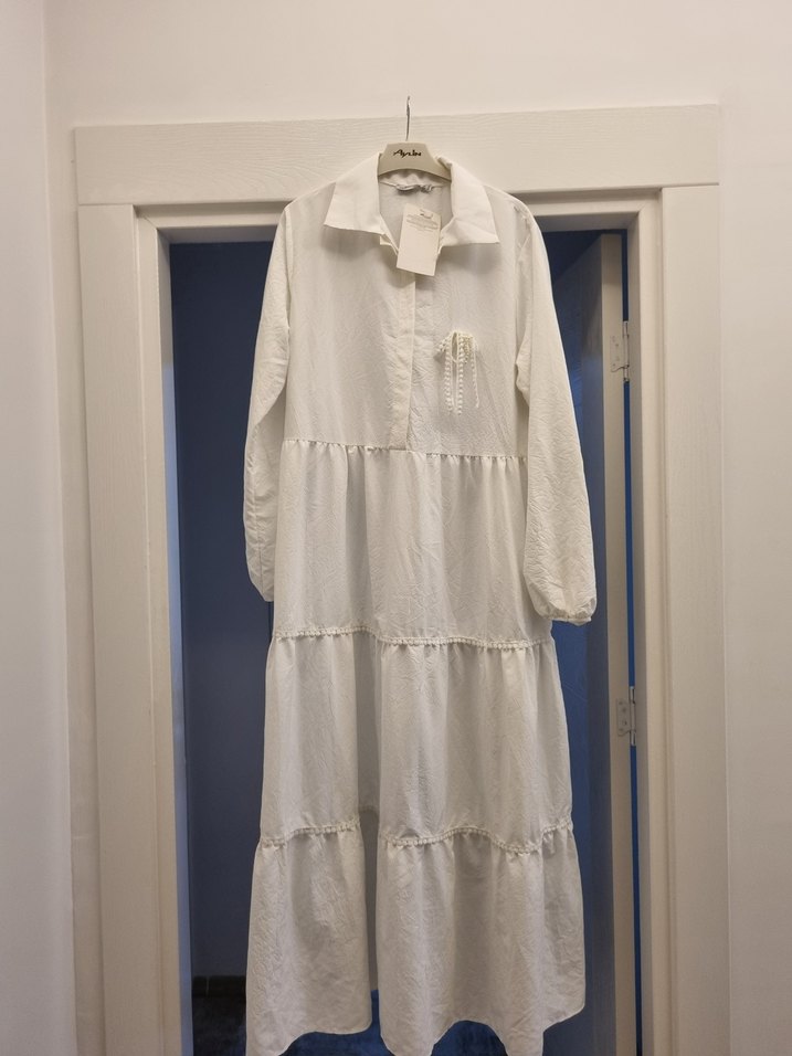 Kadın Beyaz Uzun Keten Bohem Elbise - Görsel 2