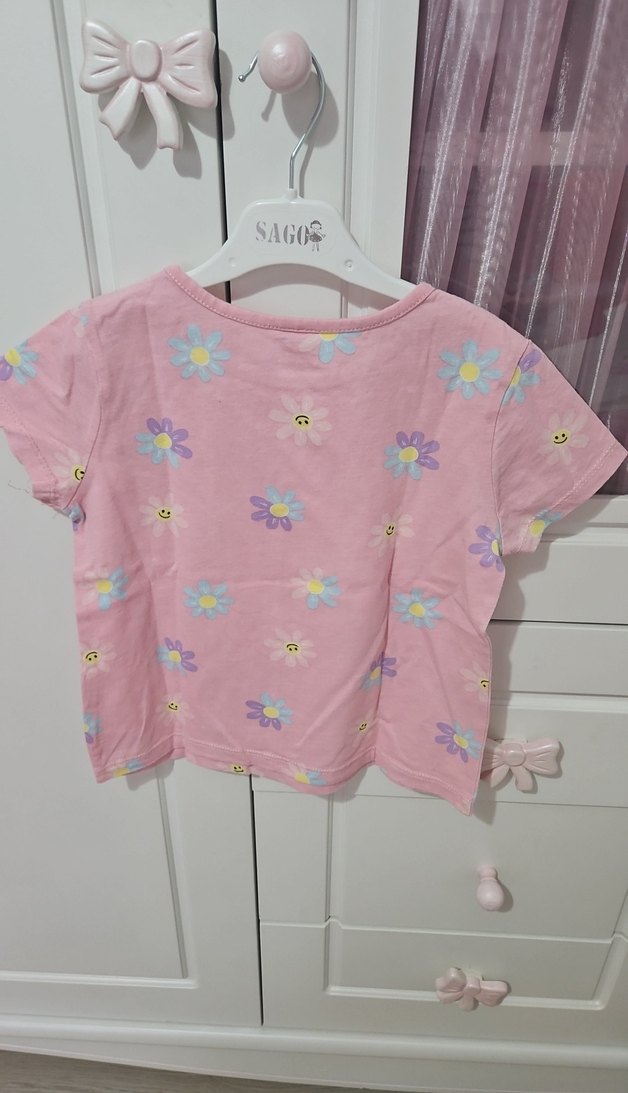 Kız Çocuk Pembe Çiçekli Pamuklu Tişört - Görsel 3