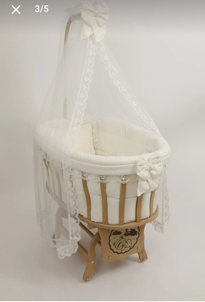 Fransız Beyaz Dantel Tüllü Ahşap Bebek Beşiği Seti - Görsel 2
