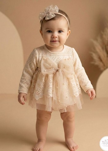 Bej Dantel Detaylı Kız Çocuk Elbise - Görsel 2