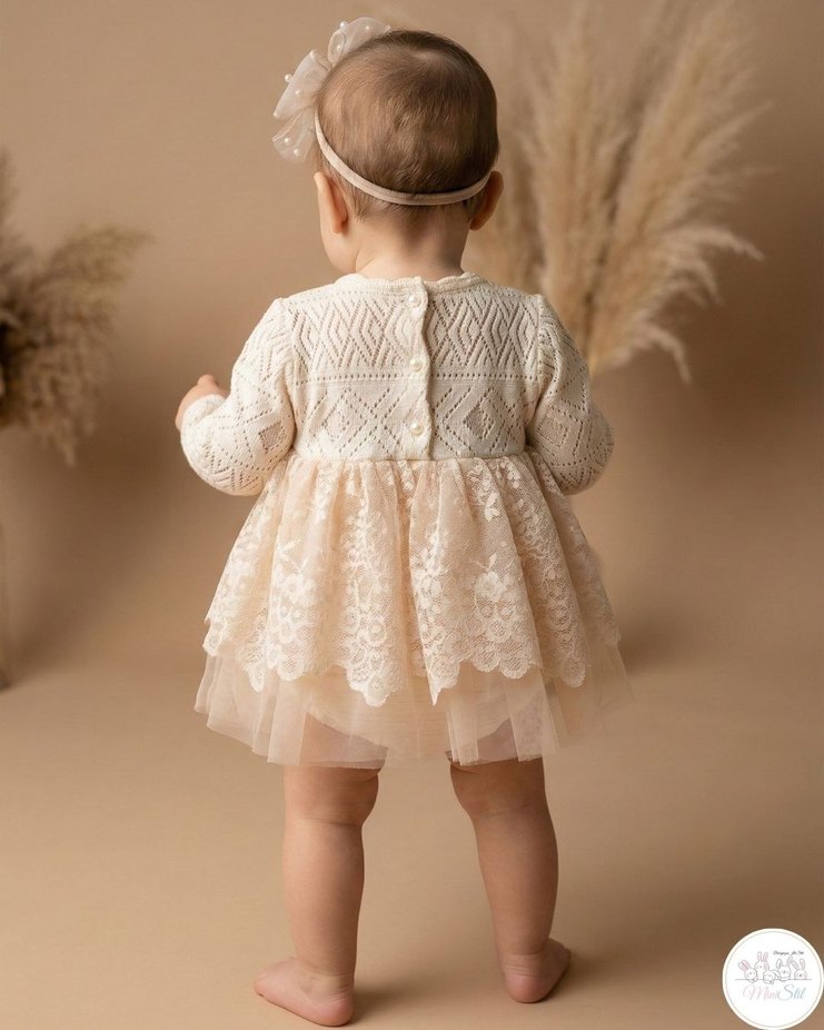 Bej Dantel Detaylı Kız Çocuk Elbise - Görsel 3