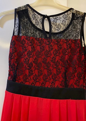 Kırmızı Dantel Detaylı Uzun Kadın Elbise - Görsel 3