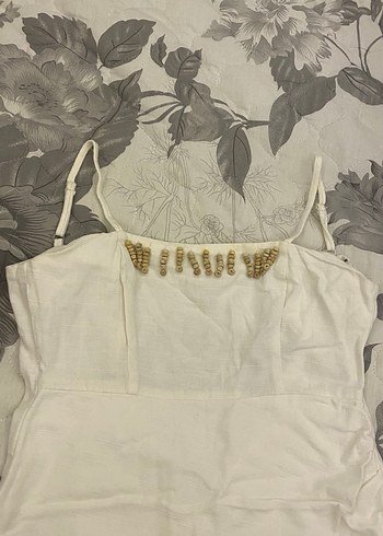 Drapeli Beyaz Keten Kısa Straplez Elbise - Görsel 2