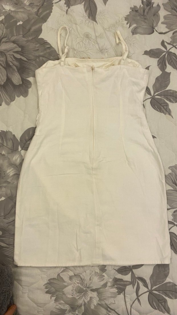 Drapeli Beyaz Keten Kısa Straplez Elbise - Görsel 4