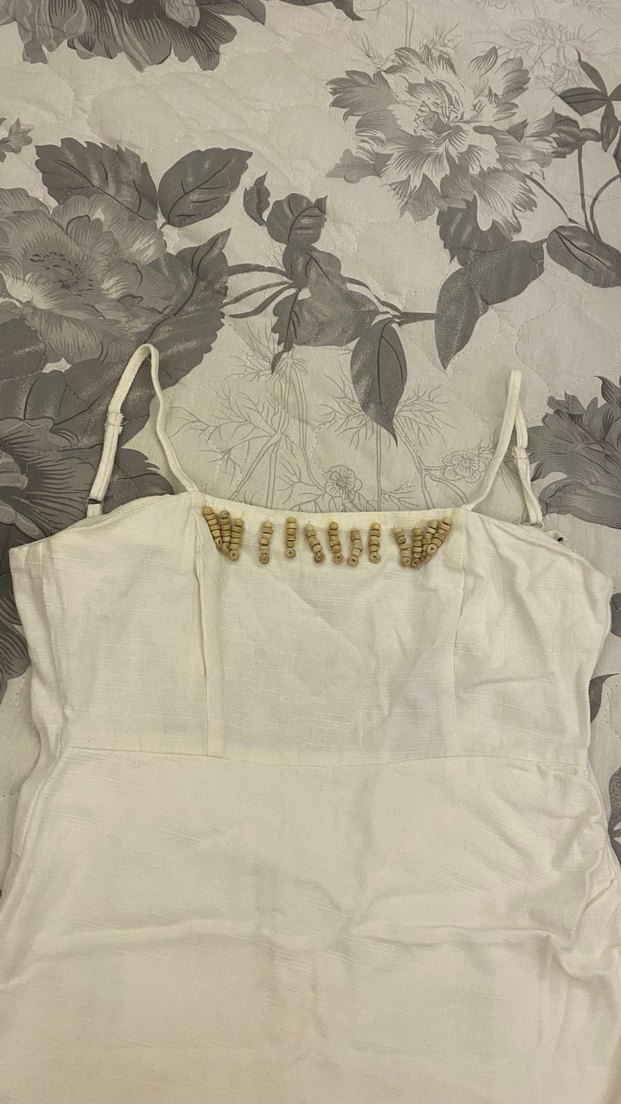 Drapeli Beyaz Keten Kısa Straplez Elbise - Görsel 2