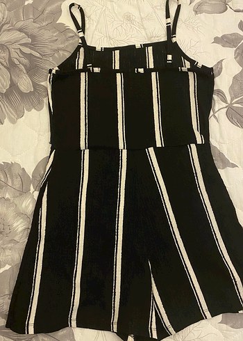 Çizgili Siyah Kadın Mini Tulum - Görsel 4