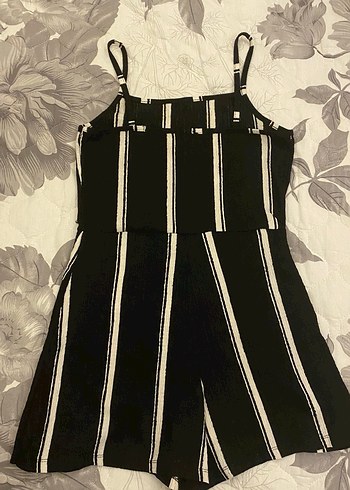 Çizgili Siyah Kadın Mini Tulum - Görsel 2