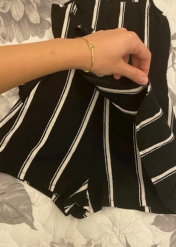 Çizgili Siyah Kadın Mini Tulum - Görsel 3
