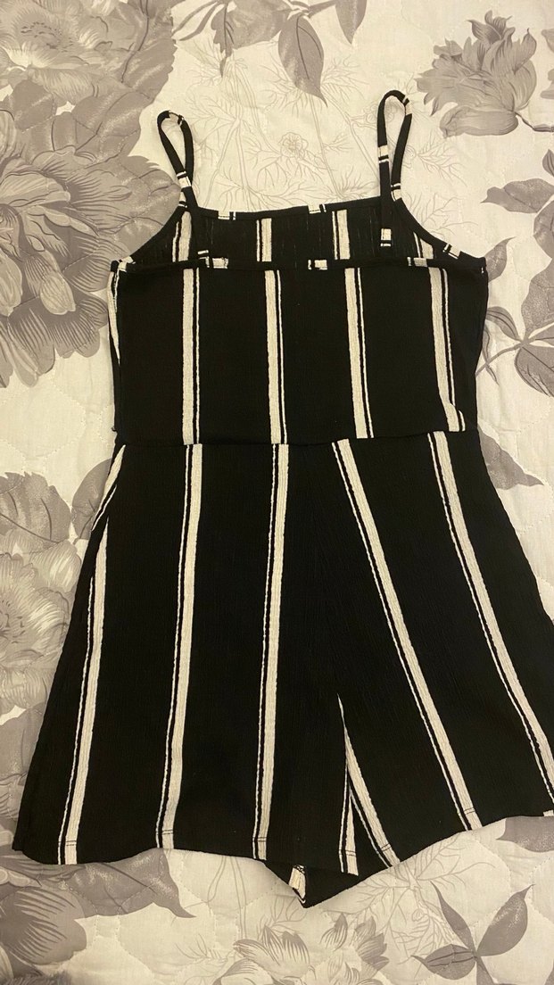 Çizgili Siyah Kadın Mini Tulum - Görsel 4