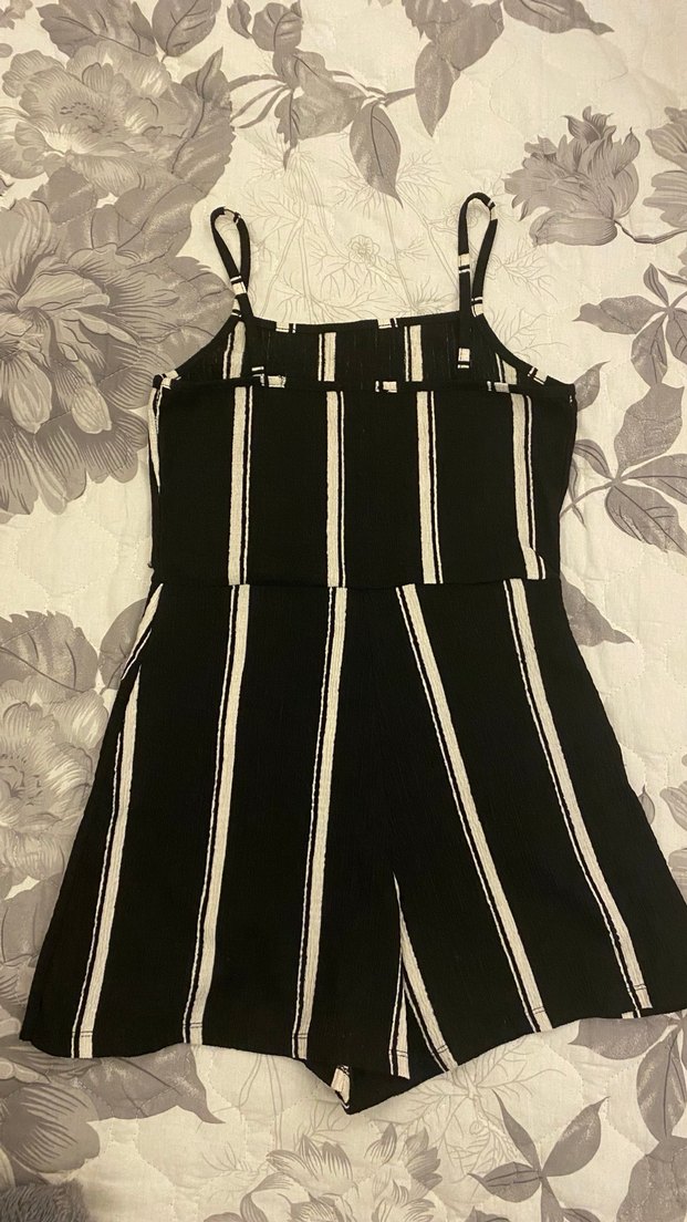 Çizgili Siyah Kadın Mini Tulum - Görsel 2