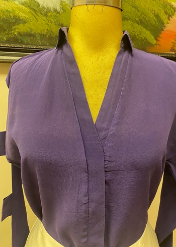 Mor V Yakalı Uzun Kollu Drapeli gömlek - Görsel 3