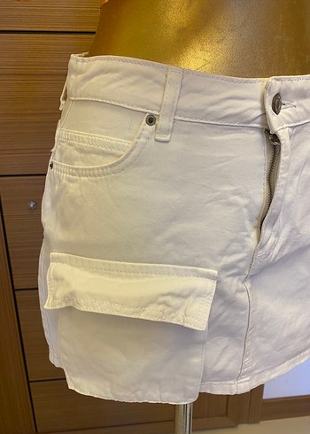 Beyaz Kot Mini Etek Kemer Detaylı - Görsel 3