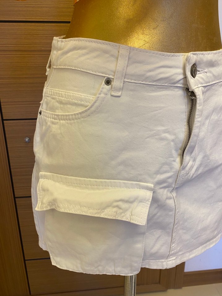 Beyaz Kot Mini Etek Kemer Detaylı - Görsel 3