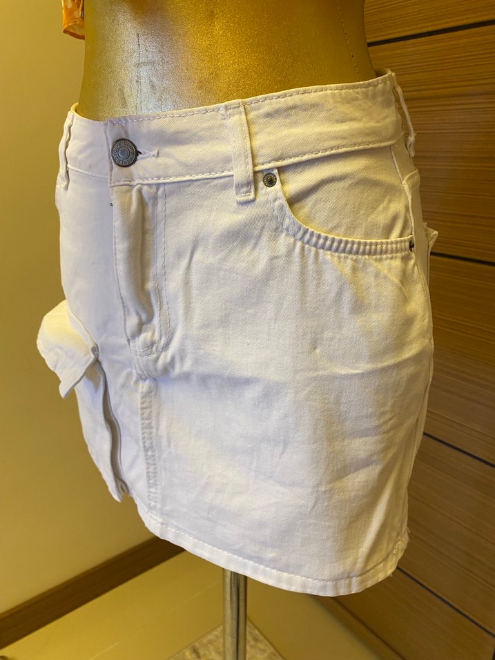 Beyaz Kot Mini Etek Kemer Detaylı - Görsel 2