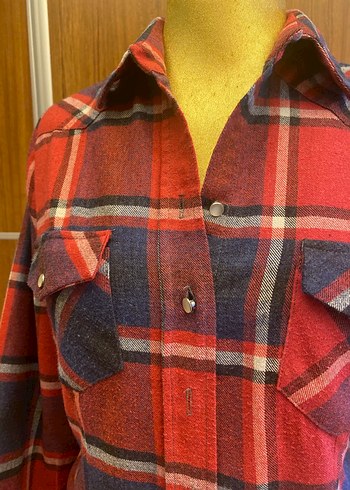 Kadın Kırmızı Kareli Düğmeli Gömlek - Görsel 4