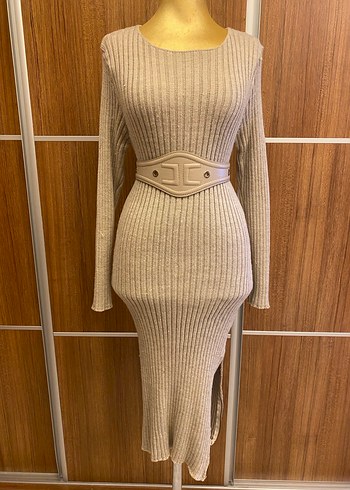 Bej Triko Uzun Kadın Elbise - Görsel 6