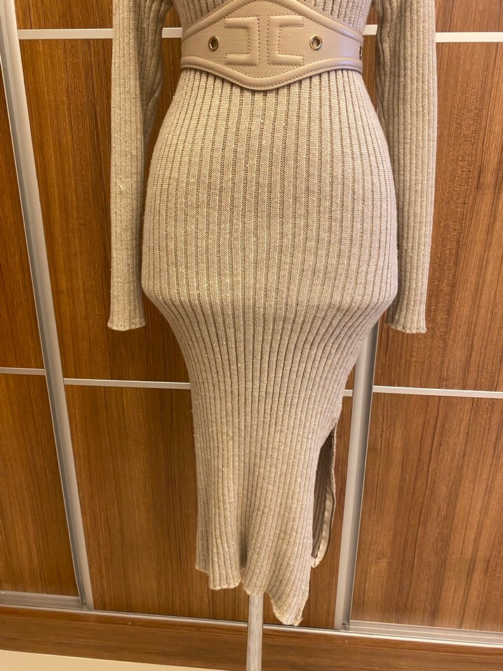 Bej Triko Uzun Kadın Elbise - Görsel 3