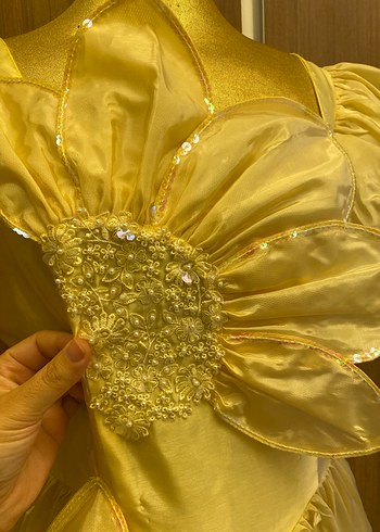 Sarı Uzun Nakışlı Kadın Abiye Elbise - Görsel 6