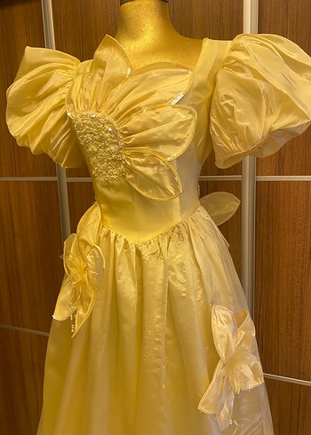 Sarı Uzun Nakışlı Kadın Abiye Elbise - Görsel 8