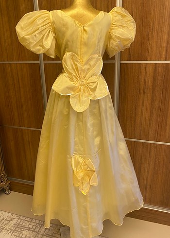 Sarı Uzun Nakışlı Kadın Abiye Elbise - Görsel 4