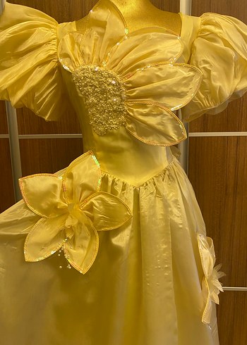 Sarı Uzun Nakışlı Kadın Abiye Elbise - Görsel 2