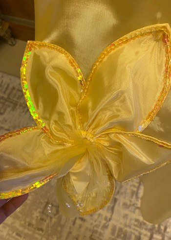 Sarı Uzun Nakışlı Kadın Abiye Elbise - Görsel 7