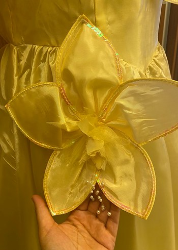 Sarı Uzun Nakışlı Kadın Abiye Elbise - Görsel 5