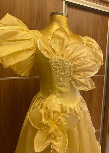 Sarı Uzun Nakışlı Kadın Abiye Elbise - Görsel 9