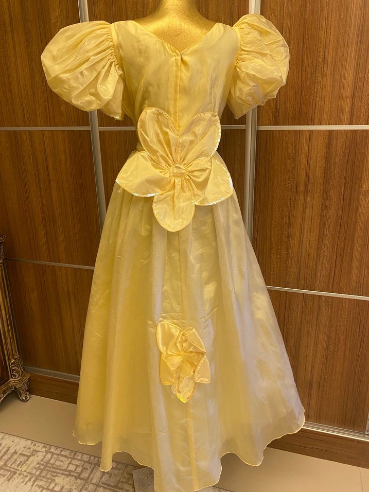 Sarı Uzun Nakışlı Kadın Abiye Elbise - Görsel 4