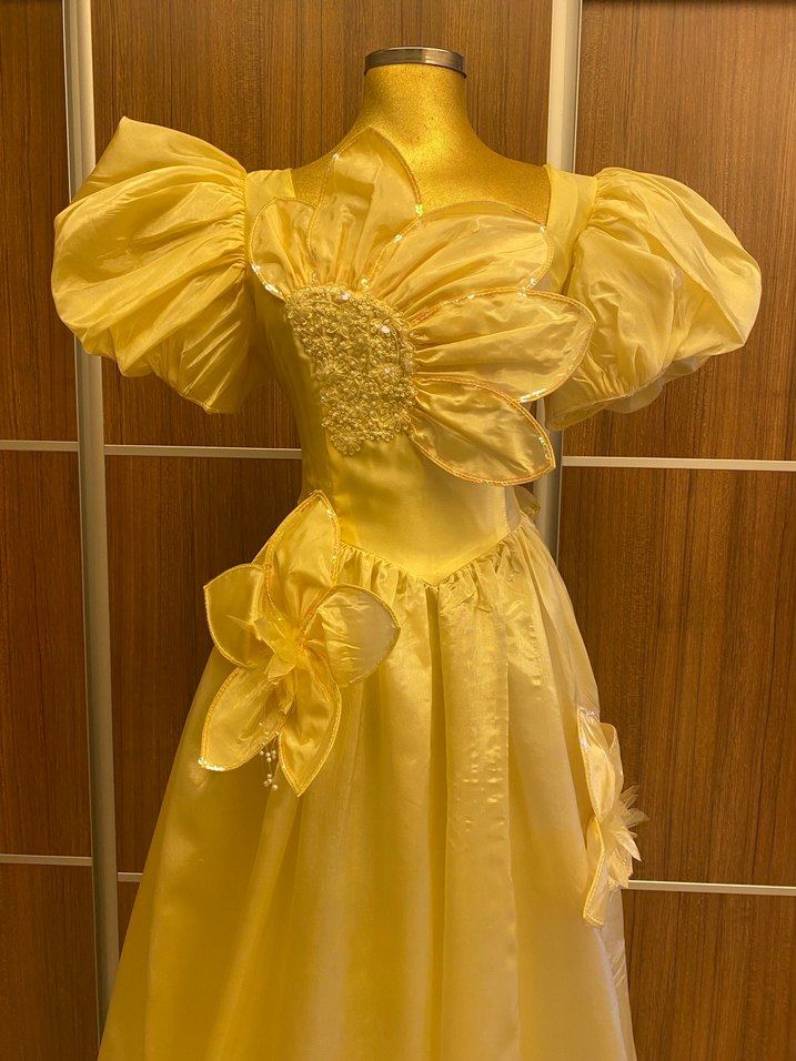 Sarı Uzun Nakışlı Kadın Abiye Elbise - Görsel 3