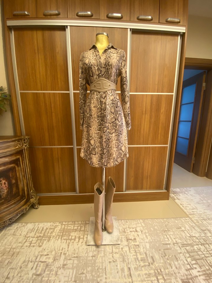 Uzun Kol Yılan Desenli Kahverengi Elbise - Görsel 2
