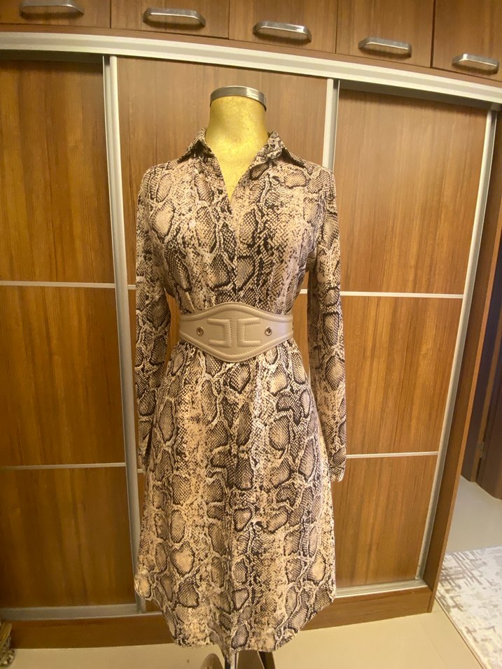 Uzun Kol Yılan Desenli Kahverengi Elbise - Görsel 4