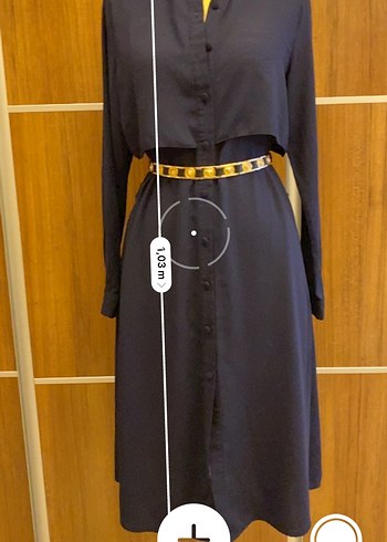 Lacivert şifon  Uzun Kollu Kuşaklı Kadın Elbise - Görsel 7