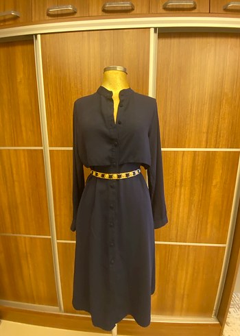 Lacivert şifon  Uzun Kollu Kuşaklı Kadın Elbise - Görsel 2