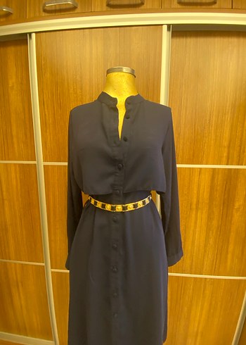 Lacivert şifon  Uzun Kollu Kuşaklı Kadın Elbise - Görsel 4