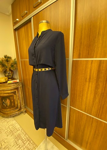 Lacivert şifon  Uzun Kollu Kuşaklı Kadın Elbise - Görsel 10