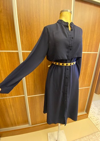 Lacivert şifon  Uzun Kollu Kuşaklı Kadın Elbise - Görsel 9