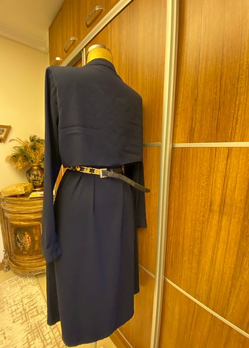 Lacivert şifon  Uzun Kollu Kuşaklı Kadın Elbise - Görsel 6