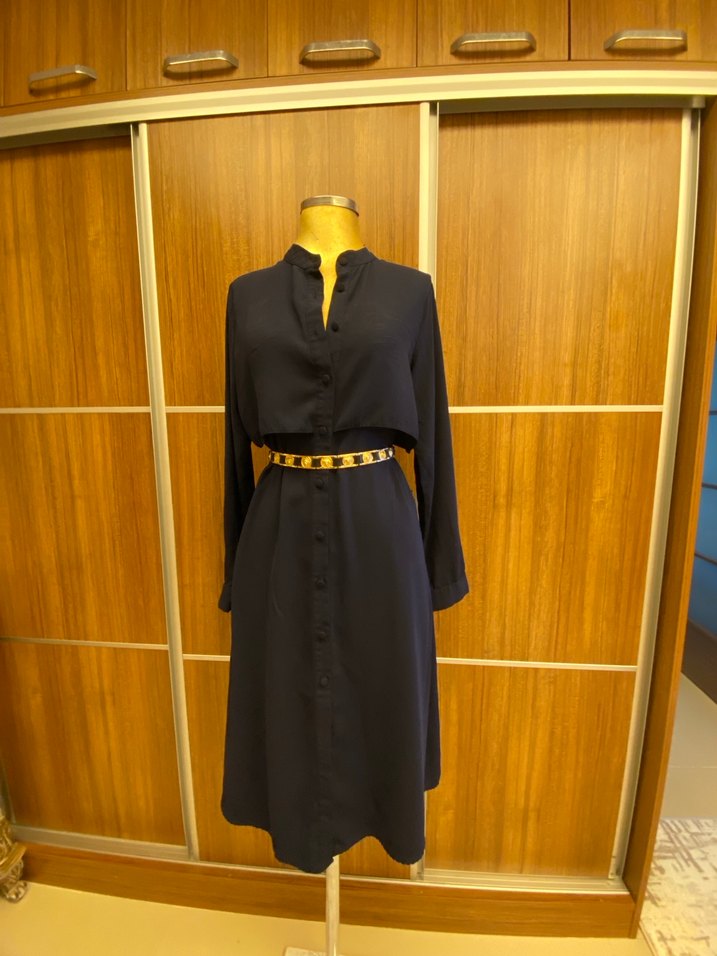 Lacivert şifon  Uzun Kollu Kuşaklı Kadın Elbise - Görsel 5