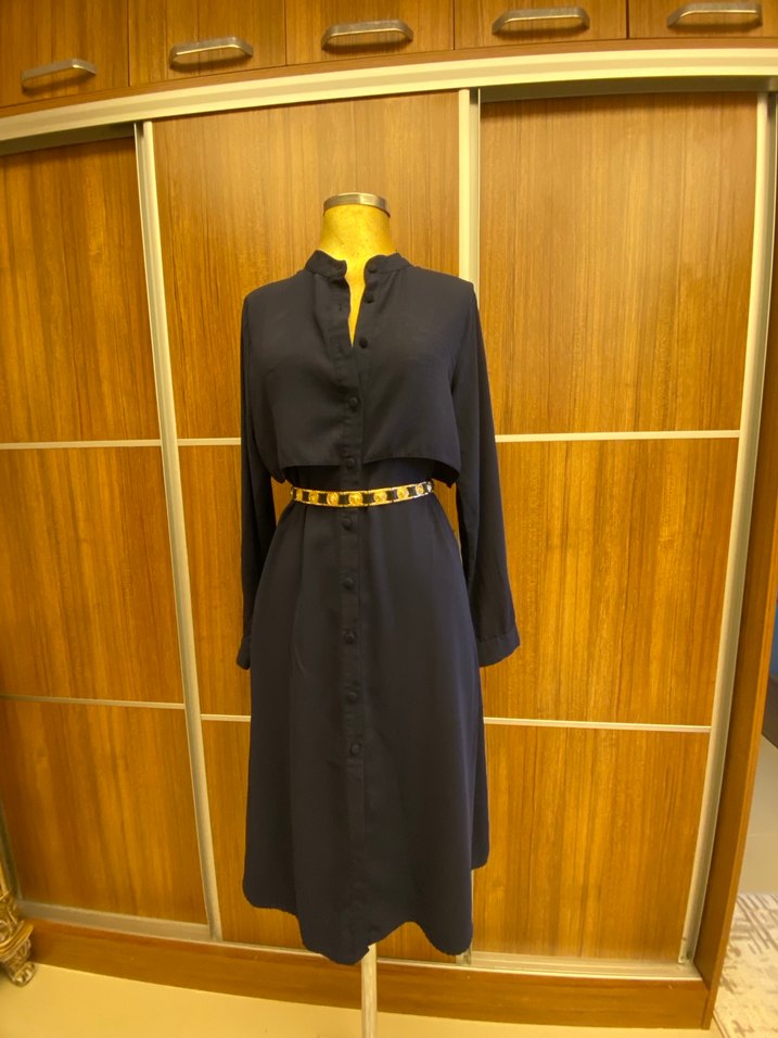 Lacivert şifon  Uzun Kollu Kuşaklı Kadın Elbise - Görsel 3