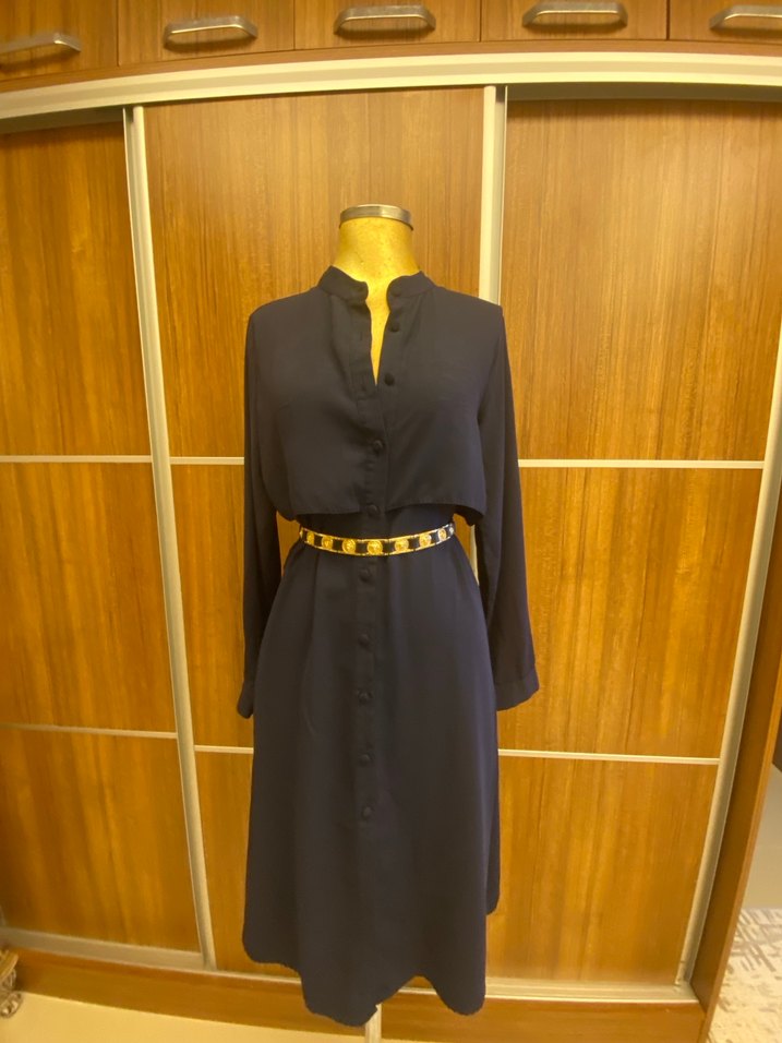 Lacivert şifon  Uzun Kollu Kuşaklı Kadın Elbise - Görsel 2