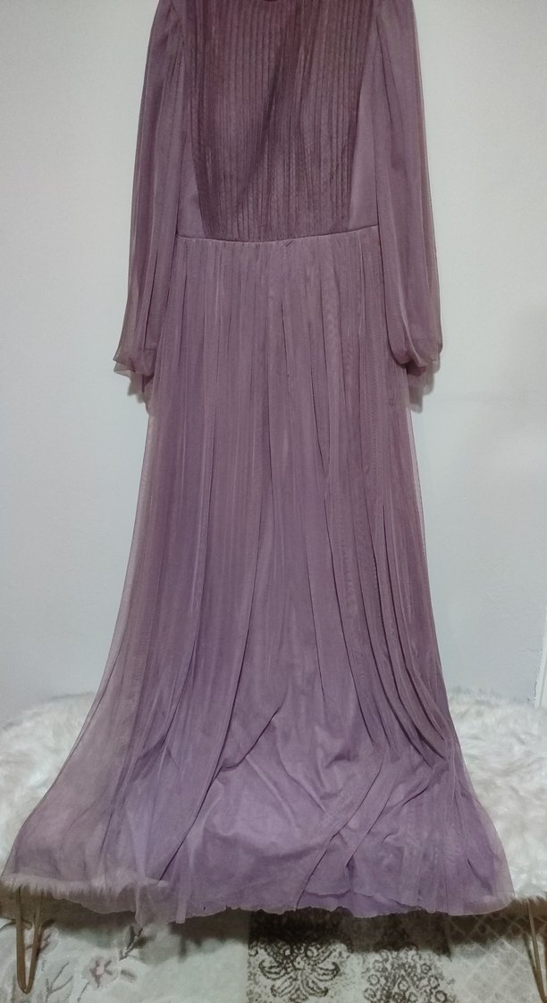 Uzun Kollu Piliseli Mor Bohem Gelinlik - Görsel 3