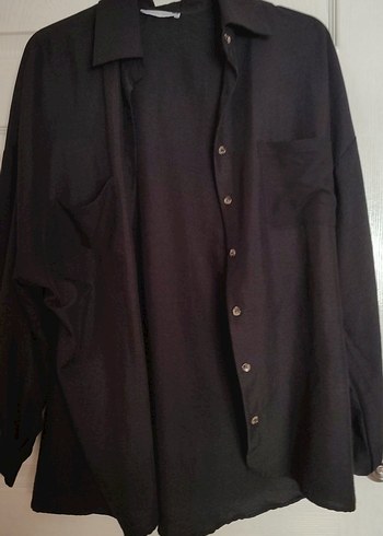 H&M Siyah Keten Kadın Gömlek, Düğmeli, Uzun Kollu