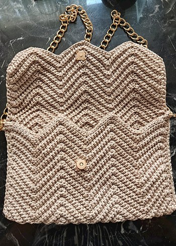 Bej Örgü Kadın Çanta Zincir Askılı - Görsel 3