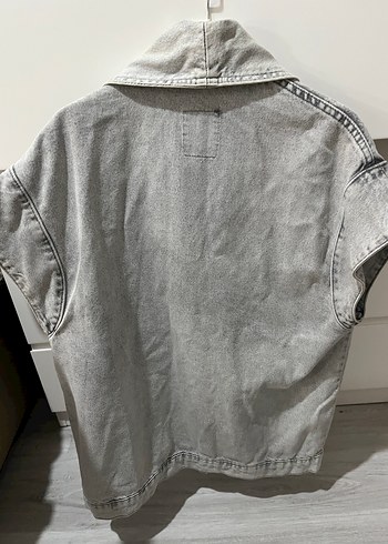 Gri Kadın oversize Denim Ceket Düğmeli Midi Boy - Görsel 3